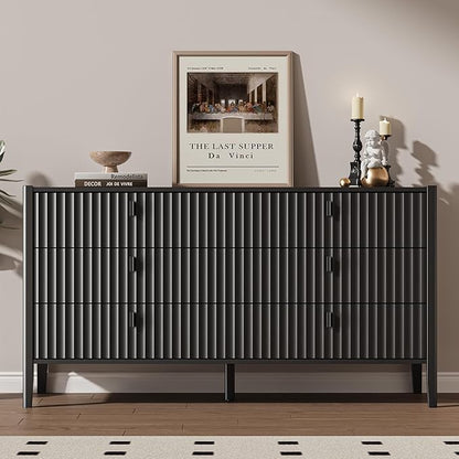 Black 6 Drawer Dresser for Bedroom, Modern Wood Dresser, Fluted Design Double Chest of Drawers with Wood Legs, TV Stand Storage Cabinet for Bedroom, Living Rooms, Offices, and Entryways