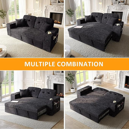 63 Inch Sleeper Sofa Bed, 4 in 1 Pull Out Couch Bed with Adjustable Backrest, Small Loveseat with Wide Armrest | USB Charging | Side Pockets | Cup Holders | Tool Free Assembly, Navy Blue