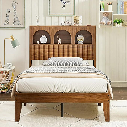 Twin Bed Frame with Wave Headboard, Wooden Headboard with 3 Arched Storage Compartments, Platform Bed with Wood and Metal Slats, No Box Spring Needed, No Noise (Twin-Walnut)