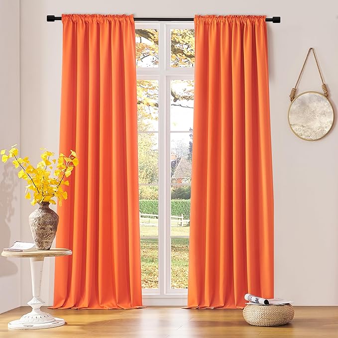 Vibrant Orange Light Reducing Curtains 90 Inches Long - Fall Colored Room Darkening Thermal Insulated Drapes Window Treatment Curtains for Living Room Patio Door,2 Panels,W 52 x L 90 Inch