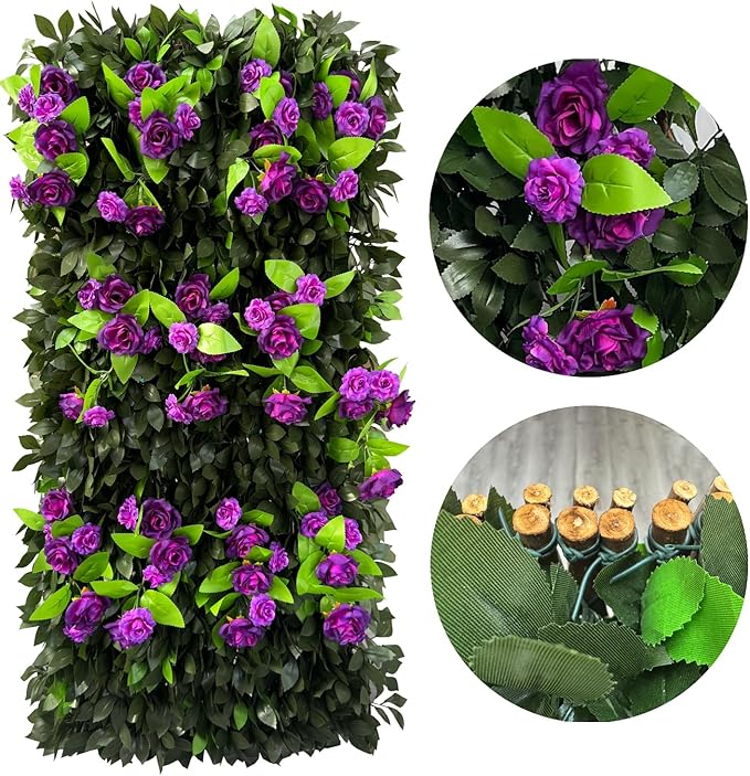 Sumery Expandable Fence Privacy Screen for Balcony Patio Outdoor,Decorative Faux Ivy Fencing Panel,Artificial Hedges (Single Sided Leaves) (2, Branches -Purple Rose)