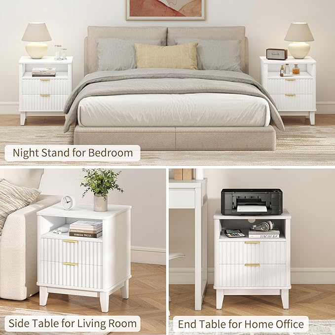 Night Stand with Charger Station, Fluted Nightstand with Drawers and Storage Shelf, Mid Century Modern Bedside Table Nightstands, Large Bed Side Table Wood Night Stands for Bedroom Living room