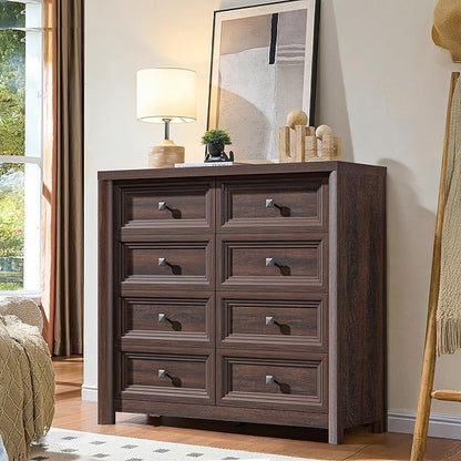 Farmhouse 8 Drawer Dresser for Bedroom, 41" Tall Wood Chest of Drawers, 43.3" Wide Dresser TV Stand, Storage Closet Drawer Organizer for Bedroom, Walnut