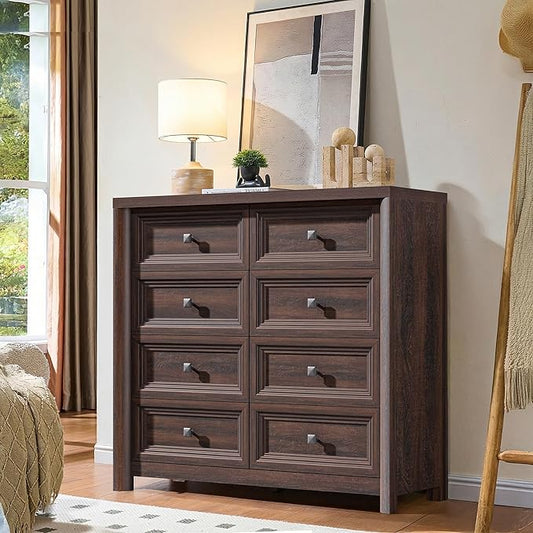 Farmhouse 8 Drawer Dresser for Bedroom, 41" Tall Wood Chest of Drawers, 43.3" Wide Dresser TV Stand, Storage Closet Drawer Organizer for Bedroom, Walnut