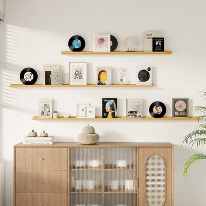 Floating Picture Ledge Shelves for Wall Set of 2, 55 Inches Picture Shelf with Ledge, Nursery Book Shelf for Toys Storage Kids Bookshelf Wall Mounted Living Room Bedroom Decor Frames, Oak