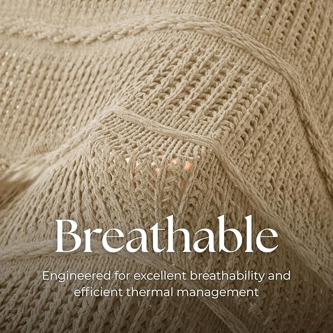 Boho Knitted Chenille Blanket with Tassels - Lightweight & Soft All-Season Throw - 3D Classic Pattern for Living Room Bedroom Couch, Sandy Beige, Queen 90"x90"