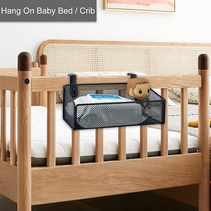 MATIMASU Bedside Caddy Hanging Storage Basket Beside Shelf Metal Organizer for Collage Dorm Bunk Bed,Hospital Bed,Baby Bed - Bedroom Essentials for Magazine,Remote Control,Phone,Drinks (White)