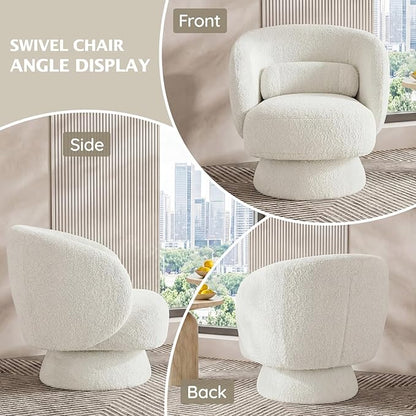 Swivel Accent Chair, Modern 360 Degree Swivel Barrel Chair with Arms & Curved Back and Lumbar Support Cushion, Comfy Round Single Boucle Sofa for Small Space, Living Room, Bedroom, White