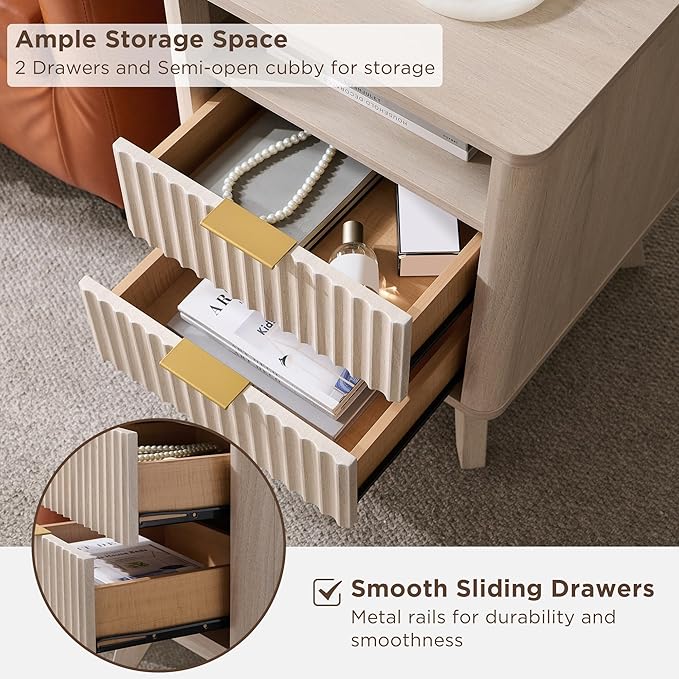 T4TREAM Fluted Nightstand with Charging Station, 18" Modern Side Table with 2 Drawers, End Table w/Storage, Bedside for Bedroom, Living Room, Curved Profile Design, White Alder