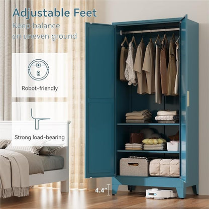 71" Tall Metal Armoire Wardrobe Closet with Removable Hanging Rod and Adjustable Shelves,Blue