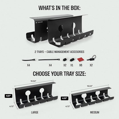 No-Drill Under Desk Cable Management Tray - 2-Pack Wire Organizer for Standing Desk - Cord Management System with Power Strip Holder - L
