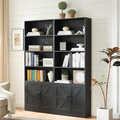 RWYHG 70in Tall Bookshelf 6 Tier Bookcase with Barn Doors and Adjustable Shelf, Black Farmhouse Book Shelves with Storage Cabinet,Wood Floor Standing Display Bookshelve for Bedroom,Living Room,Kitchen