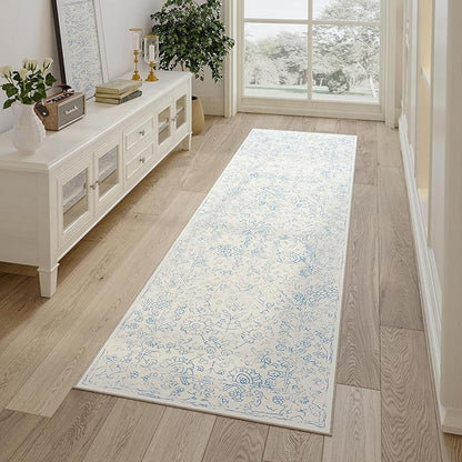 jinchan Hallway Runner Rug 2x8 Washable Kitchen Flora Faux Wool Non-Slip with Rubber Backing Soft Thin Vintage Carpet Runner for Bedroom Bathroom Laundry Room Living Room (2x8ft,Blue)