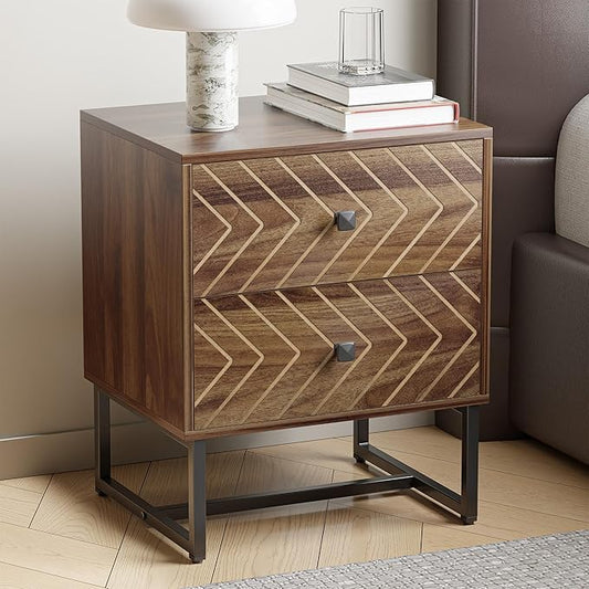 Modern Nightstand with Two Storable Drawers,Sturdy Bedside Table Space-Saving Night Stand with Black Metal Legs for Bedroom,Walnut