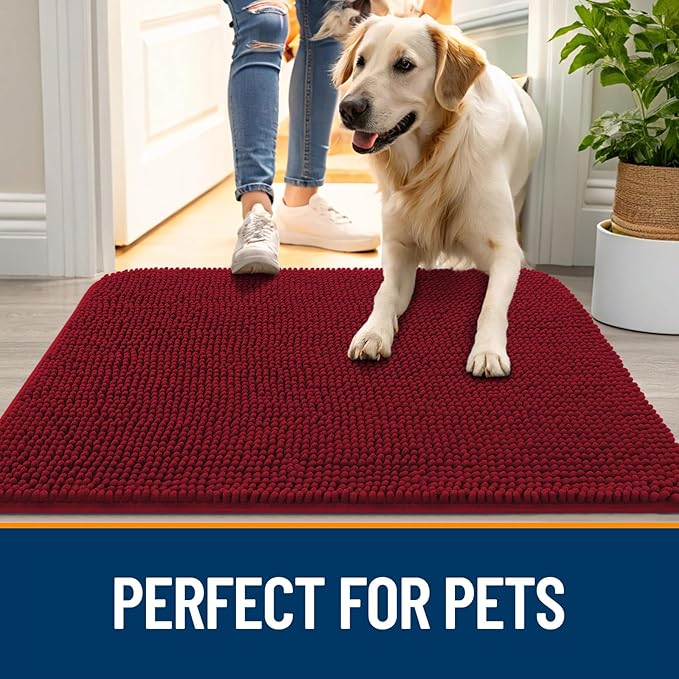 OLANLY Dog Door Mat for Muddy Paws 70x46, Absorbs Moisture and Dirt, Absorbent Non-Slip Washable Doormat, Quick Dry Chenille Mud Mat for Dogs, Entry Indoor Entryway Carpet for Inside Floor, Red