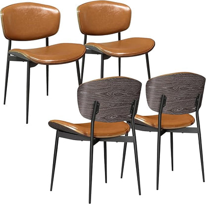 Art Leon Dining Chairs Set of 4, Gray Oak Bentwood, Mid Century Modern Dining Room Chairs, Faux Leather Upholstered Desk Chair with Black Metal Legs, Brown
