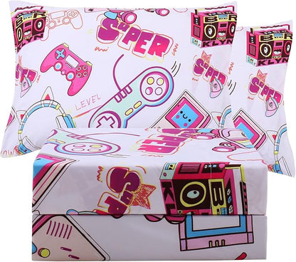 JSD Gaming Kids Sheet Set Full Size, 4 Piece Soft Girls Gamer Printed Microfiber Bed Sheets Deep Pocket