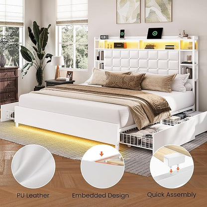 LARMACE King Size Bed Frame with 4 Storage Drawers and Bookcase Headboard, Faux Leather Upholstered, Wooden Platform Bed Frame with Charging Station and LED Lights, No Box Spring Needed, White