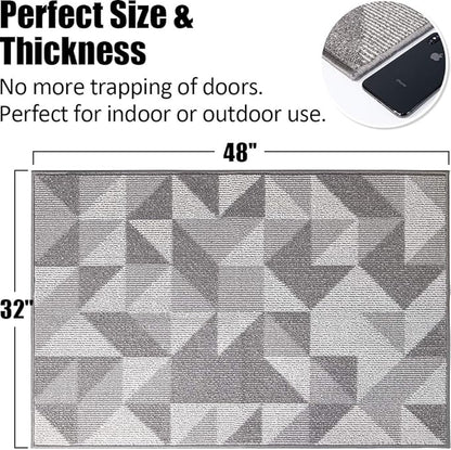 Indoor Doormat 32"x 48", Absorbent Front Back Door Mat, Rubber Backing Non Slip Floor Mats Inside Mud Dirt Trapper Outside Entrance Front Door Rug Carpet, Machine Washable Low Profile - Grey Geome