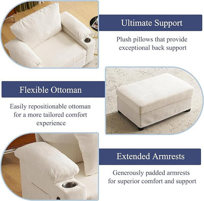 SUNWAVE 58" Chaise Lounge Chair with Ottoman, Chenille Fabric Sofa Bed, Accent Chair with Cupholders & USB Charging Ports for Living Room, Bedroom, Apartment (1 Chaise Ivory)