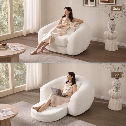 SICOTAS 49.9" Curved Convertible Sofa Couch Bed for Living Room Futon Cloud Boneless Sleeper Chair Pull Out Floor Couch with Deep Seat Single Sofa Foam Lounger No Assembly for Bedroom Apartment, White