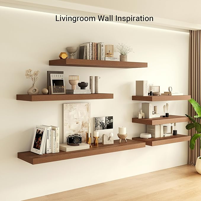 Heimlove 12 Inch Deep Floating Shelves, 48 x 12 inches Long Wall Shelf, Rustic Wood Wall Shelves for Fireplace Mantel, Set of 1 (Walnut)