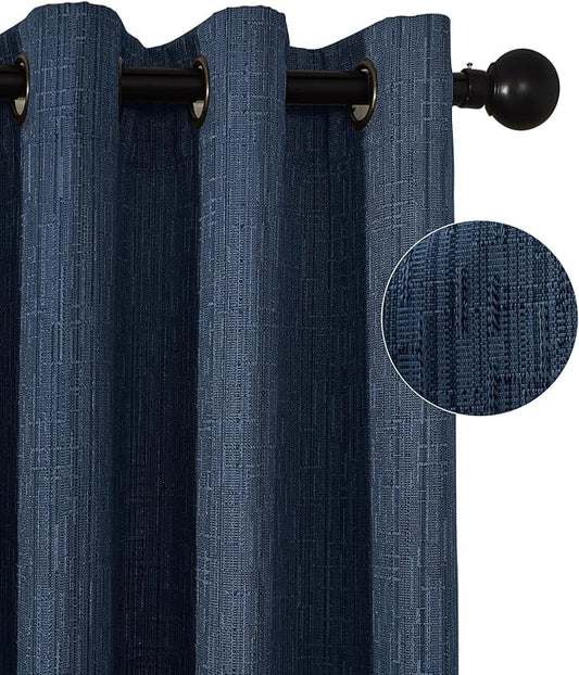 Jacquard Linen Curtains 84 inch Length 2 Panels Thick Faux Linen Blended Window Drapes Burlap Textured Curtains with Grommet for Living Room Bedroom Farmhouse (52x84 Navy) Natural