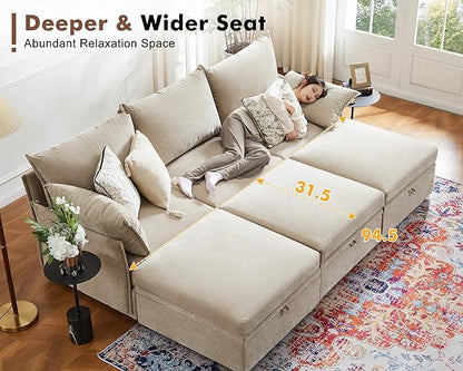 ABCASA 102.6" Modular Sectional Sofa, L Shaped Couch Set for Living Room, 3-Seater Comfy Cloud Couches with Movable Storage Ottoman,DIY Combination - Chenille Beige