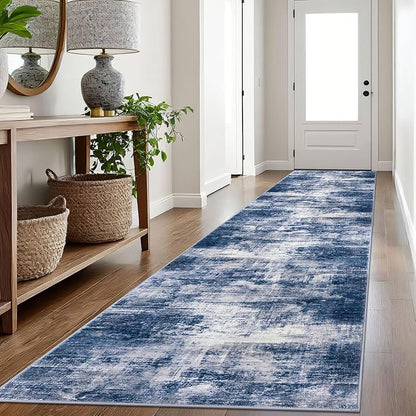IOHOUZE Abstract Runner Rug 3x16 Ft Washable Runners for Hallways, Non Slip Kitchen Runner Printed Faux Wool Entryway Runner Indoor, Modern Abstract Floor Carpet for Hall Stair, Navy/Grey