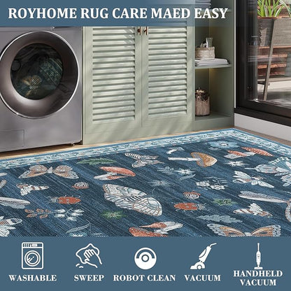 Mushroom Small Rug 2x3 Washable Door Mat Indoor Rugs for Entryway Non-Slip Soft Ultra-Thin Stain Resistant Foldable Rugs Kitchen Bedroom Living Room Blue