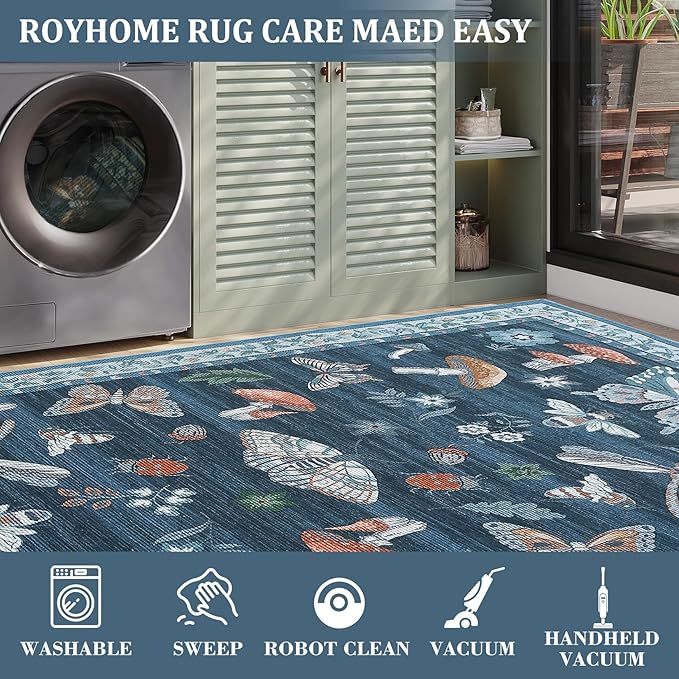Mushroom Washable Area Rug 6x9 Rugs for Living Room Soft Low-Pile Stain Resistant Thin Carpet for Bedroom Dining Nursery Non Slip Mat with Rubber Blue