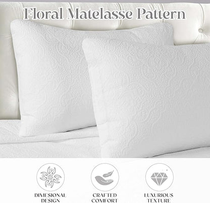 Superior 3 Piece Bedspread Set, Home Bed Decor, Decorative Bed Spread, 2 Pillow Shams, Medium Weight Blanket, Floral Matelasse Coverlet, Bedding Essentials, Enzy Collection, Queen, White