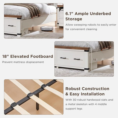 T4TREAM Farmhouse King Size Bed Frame with 54" Tall Geometric Headboard & 2 Large Storage Drawers, Rustic Wood Platform Bed with Wood Slats Support, No Box Spring Needed, Antique White