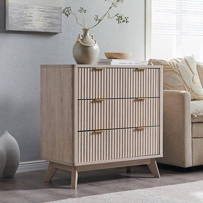 T4TREAM Fluted 3 Drawer Dresser, 32" Tall Modern Chest of Drawers, Curved Profile Design, Wood Drawer Organizer for Bedroom, Living Room, Hallway, Entryway, White Alder