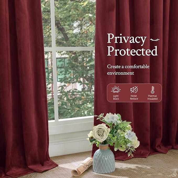 LAMIT Burgundy Red Velvet Curtains for Living Room Theater, 102 Inch Thermal Insulated Panels Vintage Room Darkening Back Tab and Rod Pocket Christmas Drapes for Bedroom, 2 Panels, 52 x 102 Inch