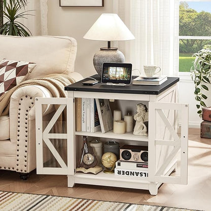 Farmhouse End Table Set 2, Narrow 18'' Night Stand with Glass Barn Door, 24" Square Side Table with Charger Station, Living Room Furniture Sets, Wood Nightstand Bedside Tables for Bedroom
