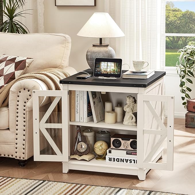 Farmhouse End Table Set 3, Narrow 18'' Night Stand with Glass Barn Door, 24" Square Side Table with Charger Station, Living Room Furniture Sets, Wood Nightstand Bedside Tables for Bedroom