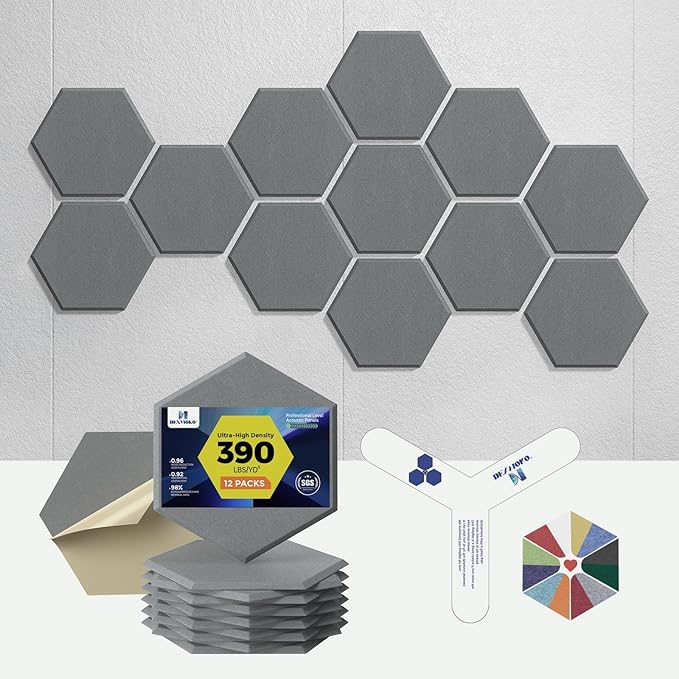 Self-Adhesive Acoustic Panels [390 lbs/yd³ Ultra-High Density], 2nd Generation Sound Absorbing Panel, Professional Level Sound Panel, Polyester Soundproof Foam [Size L, Moon Grey]