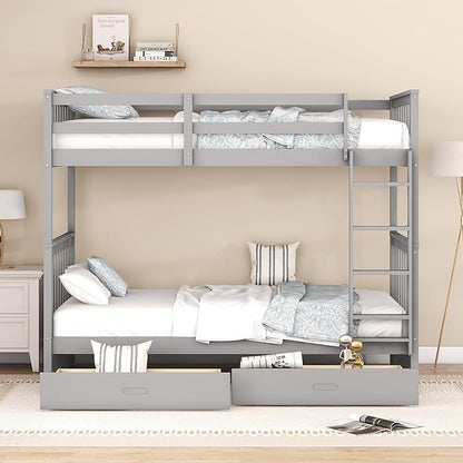 Merax Wood Bunk Bed with Drawers,Convertible Wood Bunk Bed with Ladders and Two Storage Drawers,Solid Wood Detachable Bunk Bed Frame with Ladders,Twin Over Twin Size,Grey
