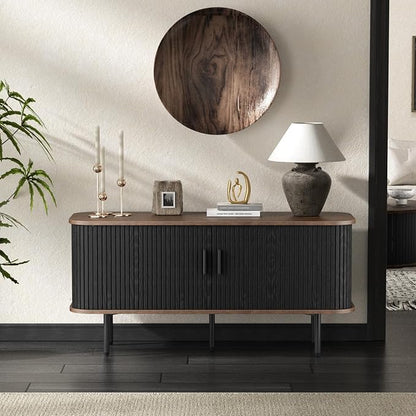 55''W Black Cabinet with Storage, Media Console, Tambour TV Stand, Television Stands with Curvy Edge; Sliding Door, Fluted Cabinet, Buffet Sideboard, Credenza, Table Stand for Living Room, Kitchen