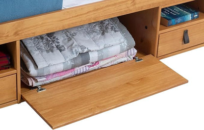 memomad Bali Slim Set: Storage Platform Bed with Drawers + Flat Panel Headboard (Full Size, Oak Brown Wood)