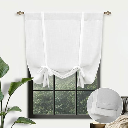DriftAway Double Layer Linen Blackout Tie Up Curtains Thermal Insulated Fully Lined Balloon Roman Shade Bathroom Window Adjustable Rod Pocket for Small Window 25 Inch by 47 Inch White