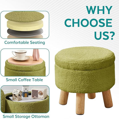FIMIVIBI Small Foot Stool Ottoman with Storage, Sherpa Ottoman Foot Rest for Couch, Round Footstool with Storage, Small Ottomans and Footstools for Living Room and Entryway (Bright Green)
