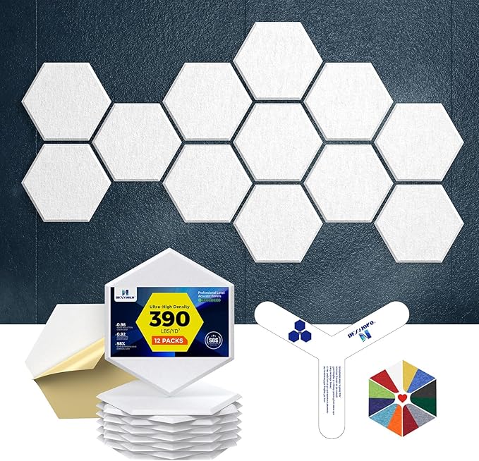 Self-Adhesive Acoustic Panels [390 lbs/yd³ Ultra-High Density], 2nd Generation Sound Absorbing Panel, Professional Level Sound Panel, Polyester Soundproof Foam [Size M, White]