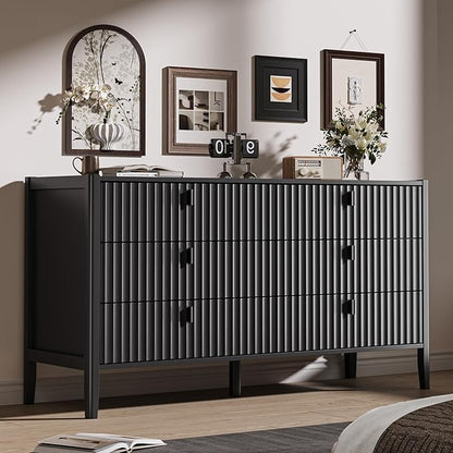 Black 6 Drawer Dresser for Bedroom, Modern Wood Dresser, Fluted Design Double Chest of Drawers with Wood Legs, TV Stand Storage Cabinet for Bedroom, Living Rooms, Offices, and Entryways