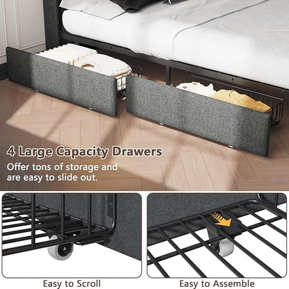 Forestell Queen Bed Frame with Headboard, Grey Upholstered Platform Bed with 4 Storage Drawers, Built-in LED Lights & Charging Station, Metal Slats Support, No Box Spring Needed, Cama Queen Size