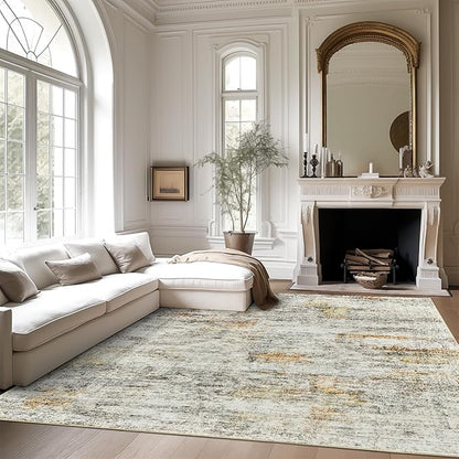 10x14 Area Rugs for Living Room, Non Slip Machine Washable Vintage Rugs, Low Pile Lightweight Large Rug for Bedroom, Dining Room, Home Office Gray Rust