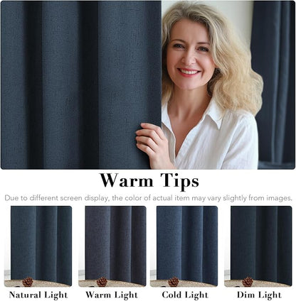 H.VERSAILTEX Linen Blackout Curtains Durable Thick Textured Linen Look 100% Blackout Patio Door Curtain Anti Rust Grommet Extra Wide Sliding Door Curtain Panel, 100 inch W X 108 inch L - Navy