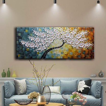 YaSheng Art - 100% Hand Painted Contemporary Art Oil Painting On Canvas Texture White 3D Flower Paintings Modern Home Bedroom Living Room Wall Decor Abstract Art Paintings 24x60inch