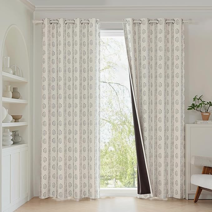 100% Boho Blackout Curtains 72 Inches Long for Bedroom, Black on Beige Patterned Bohemian Curtains for Living Room, Geometric Striped Thermal Insulated Window Drapes Gromment Top 2 Panels